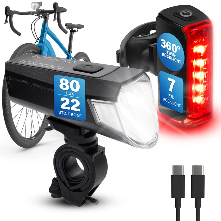 Fischer Twin Fahrradlicht Set, 360° Bodenbeleuchtung, LED Fahrradlampe 80 Lux, Akku aufladbar mit US