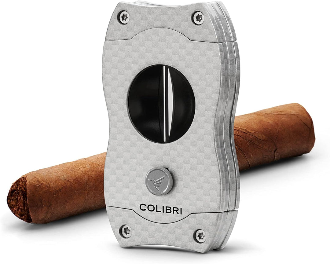 Colibri V-Cut Zigarrenschneider | Graues Kohlefaserdruck | Federauslöser | Tiefer 7mm V-Schnitt | Bi
