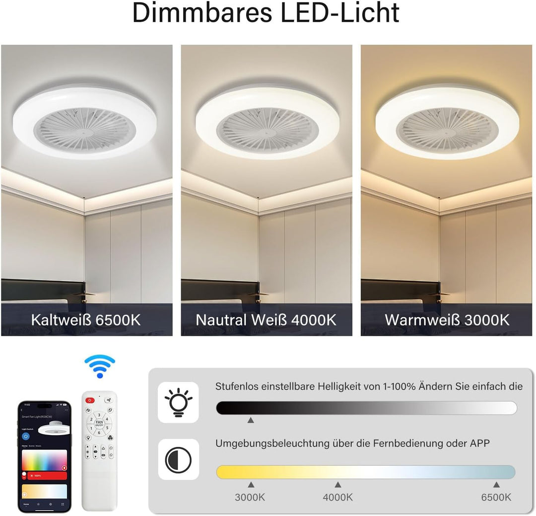 Deckenventilator Mit Beleuchtung, Smart RGB LED Fan Licht, φ50cm Deckenleuchte mit Ventilator, dimmb