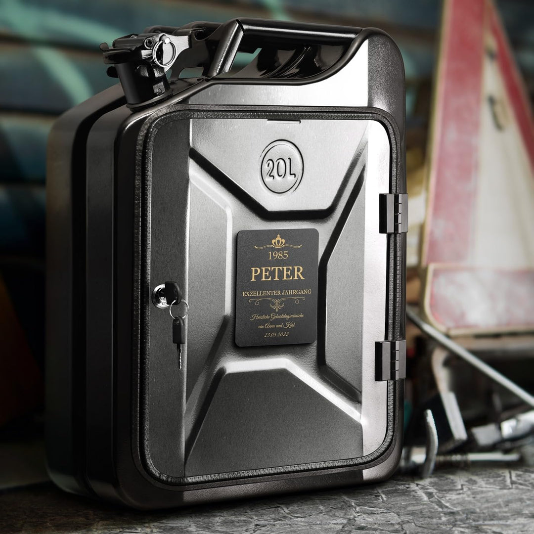 Maverton 20L Kanister Mini Bar mit Gravur - Jerrycan schwarzer Metall Mobile Bar - Geburtstagsgesche