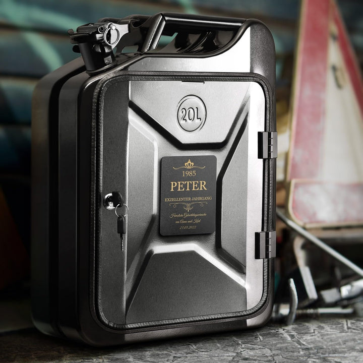 Maverton 20L Kanister Mini Bar mit Gravur - Jerrycan schwarzer Metall Mobile Bar - Geburtstagsgesche