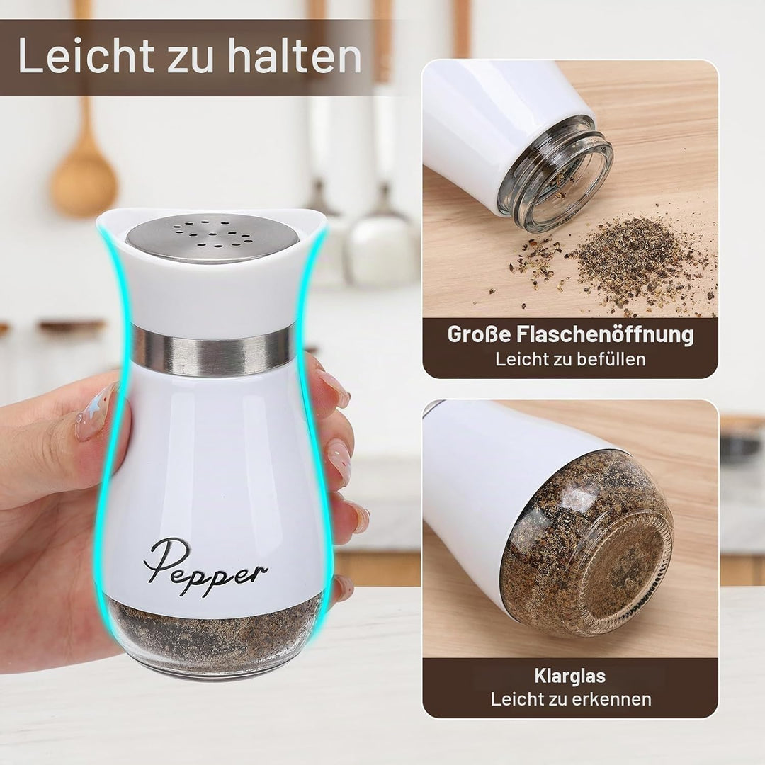 Salz und Pfefferstreuer Set, Salz und Pfefferstreuer Set mit Halter, 2 Stück Edelstahl und Glasflasc