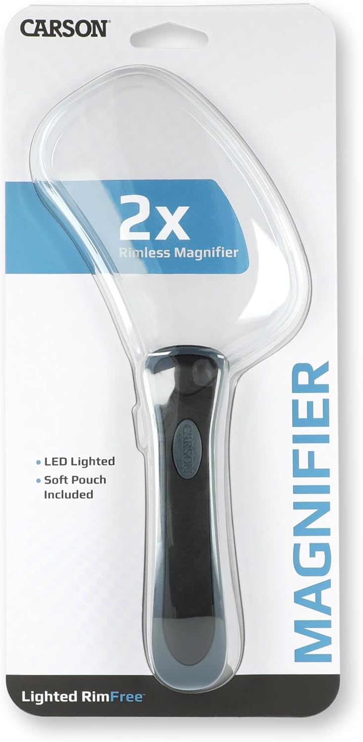 Carson Lighted RimFree 2x Handlupe mit LED, ergonomischem Griff und Linse im Rechteckformat (RM-77)