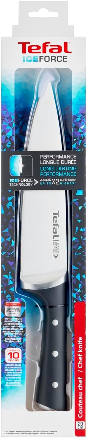 Tefal Ice Force Kochmesser, 20 cm Klinge, Korrosionsschutz, Handschutz, Edelstahl, schwarz. K23202