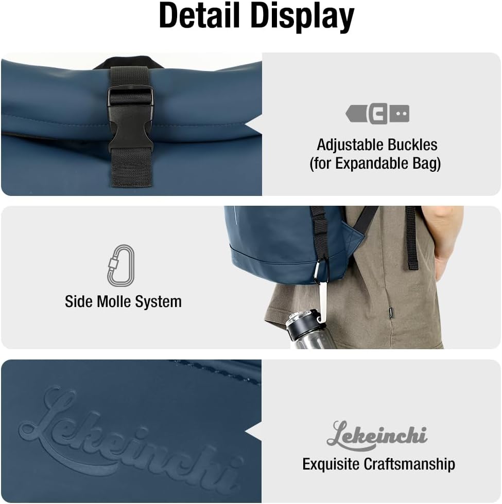 Lekeinchi Rolltop Rucksack Wasserdicht für Damen &amp; Herren, Grosser Laptop Rucksack mit Computerfach