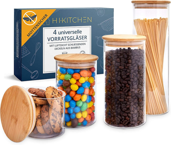 HIKITCHEN® Vorratsgläser aus 3mm dickem Borosilikatglas - Vorratsdosen Glas mit Bambusdeckel, Glasbe