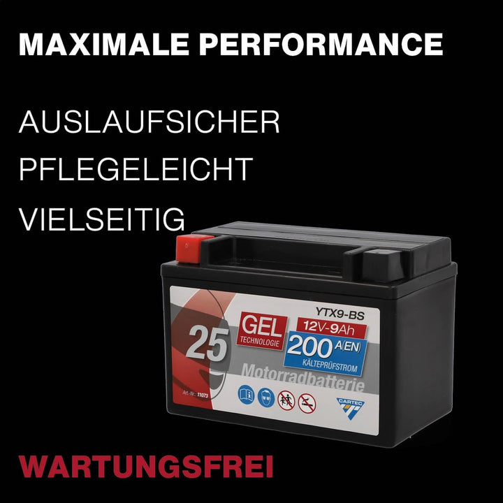 CARTEC Motorradbatterie YTX9-BS, 8Ah, 135A, Gel Technologie Motorrad-Starter-Batterie, Erstausrüster