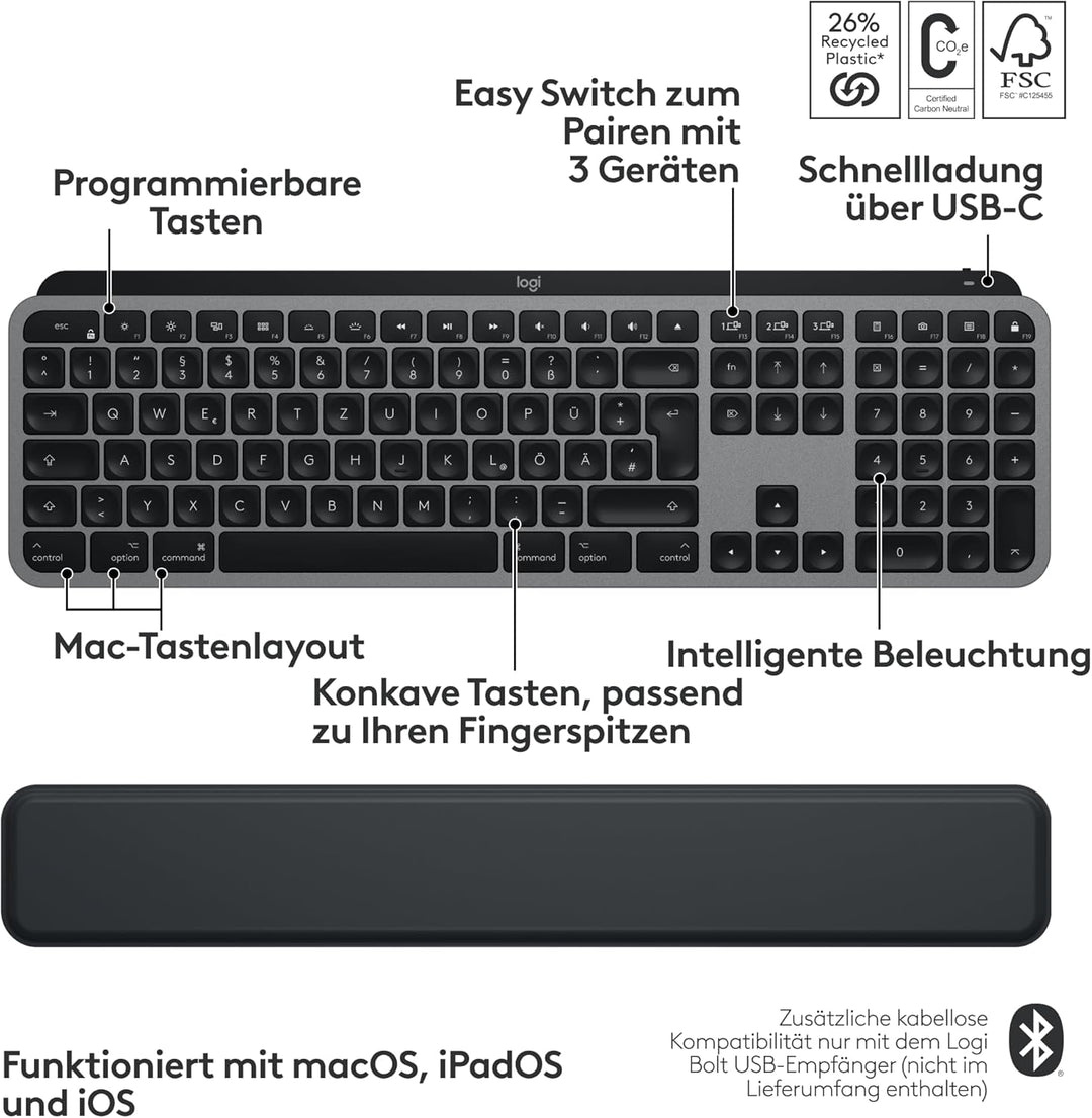 Logitech MX Keys S Combo for Mac, kabellose Tastatur/Maus mit Handballenauflage, beleuchtete Tastatu