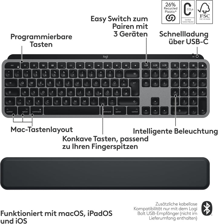 Logitech MX Keys S Combo for Mac, kabellose Tastatur/Maus mit Handballenauflage, beleuchtete Tastatu