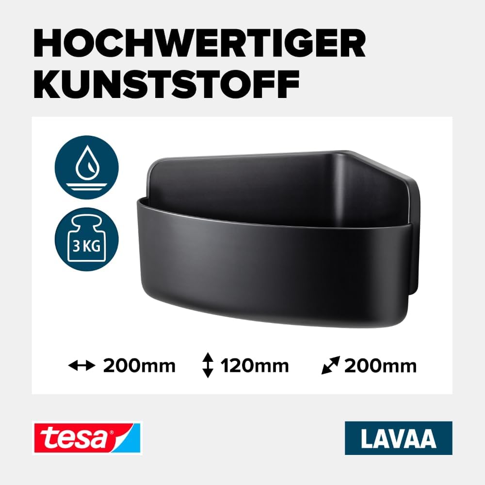 tesa Lavaa Eck-Duschkorb M, schwarz matt - Duschablage zur Wandmontage ohne Bohren, inkl Powerstrips