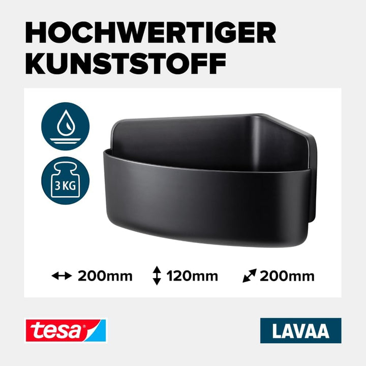 tesa Lavaa Eck-Duschkorb M, schwarz matt - Duschablage zur Wandmontage ohne Bohren, inkl Powerstrips
