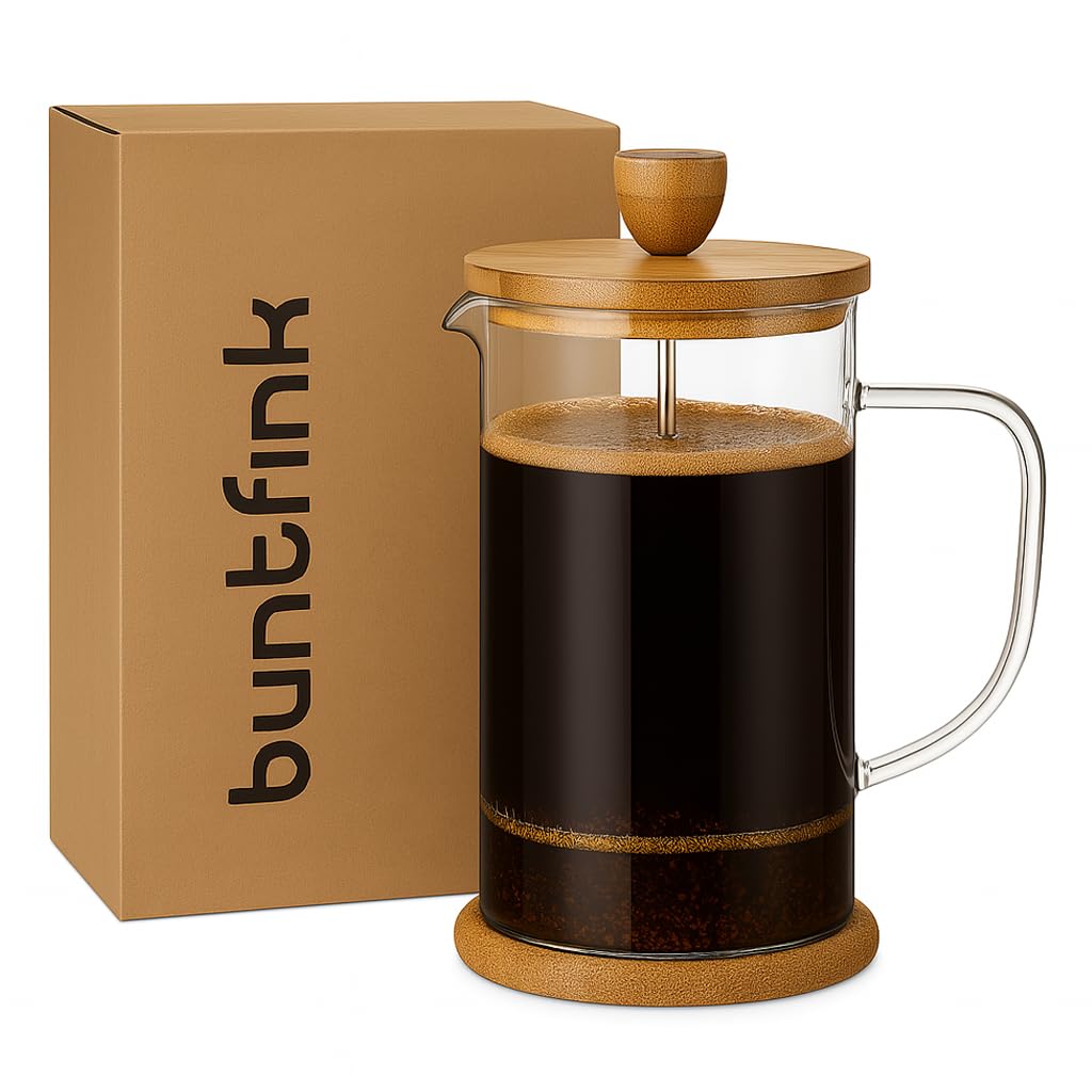 Buntfink French Press 1 Liter Glas – Kaffeebereiter mit Edelstahl-Filter & Bambus-Deckel – mit je 2