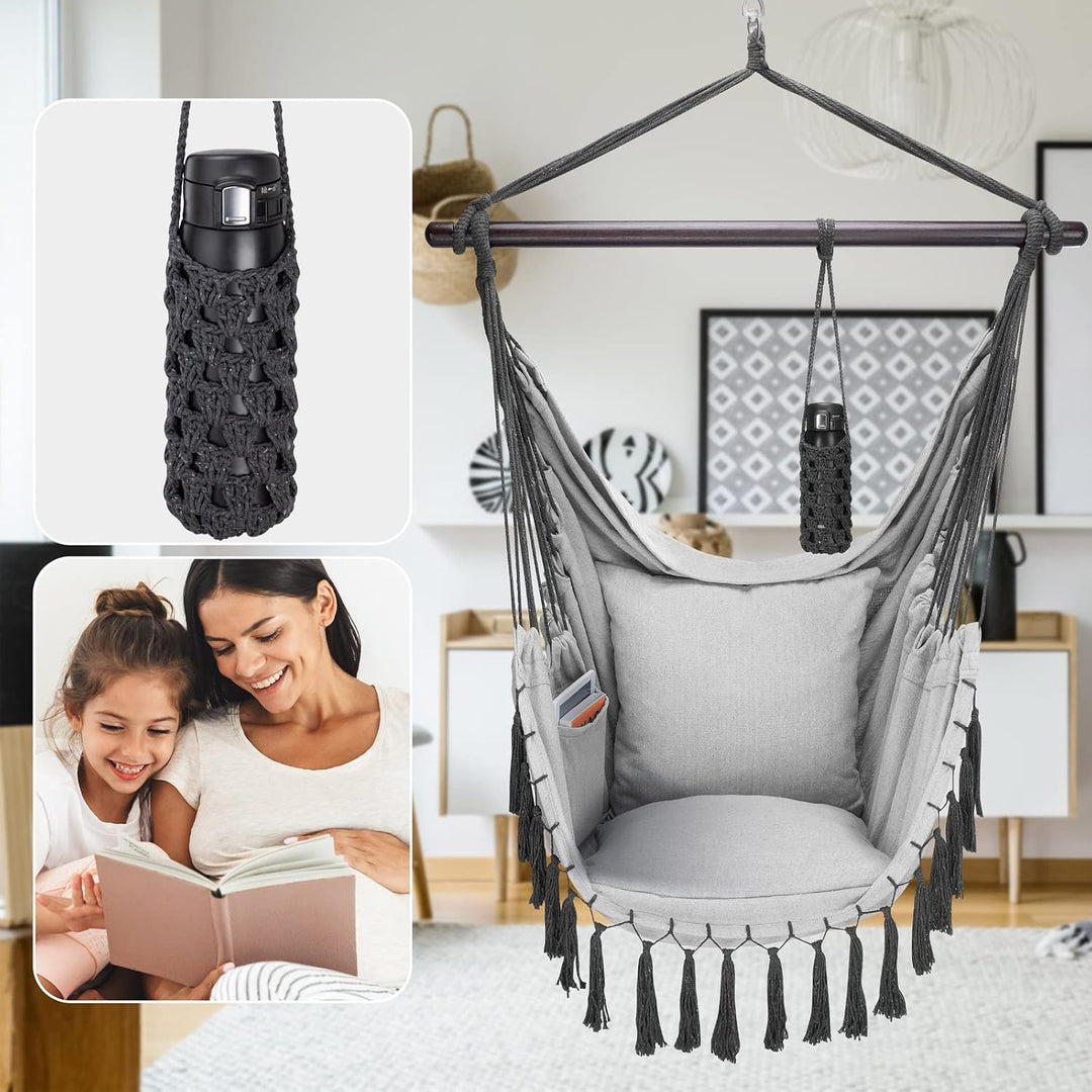 DETEX® Hängesessel bis 150kg Belastbar mit Flaschenhalter Boho Stil Wetterfest Garten 360° Drehbar G