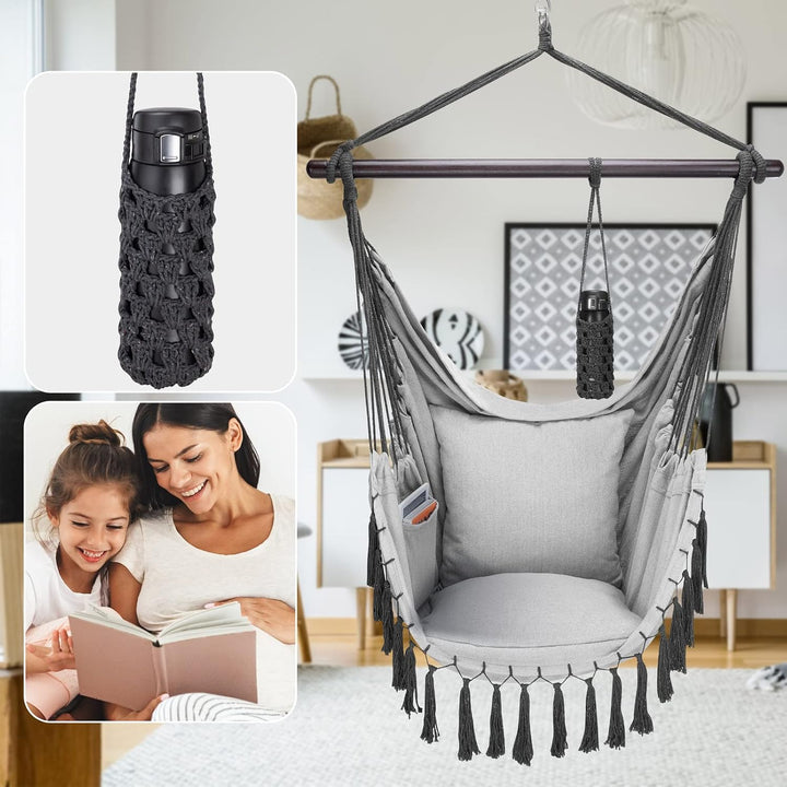 DETEX® Hängesessel bis 150kg Belastbar mit Flaschenhalter Boho Stil Wetterfest Garten 360° Drehbar G