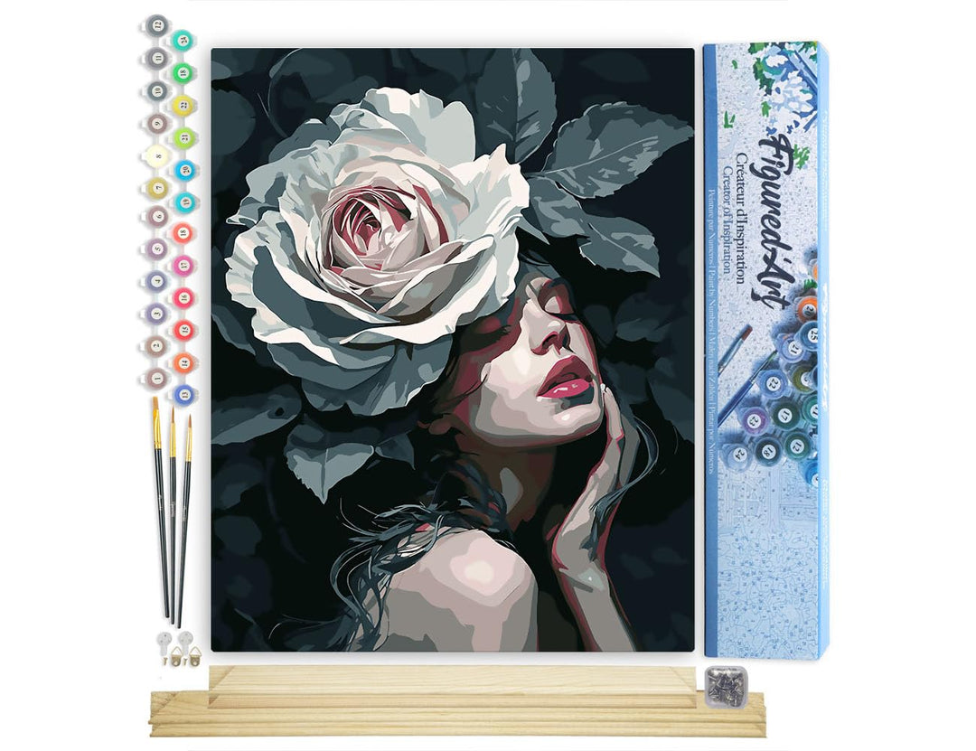 Figured'Art Malen Nach Zahlen Erwachsene Mit Rahmen Dame mit Weisser Rose - Paint by Numbers Basteln