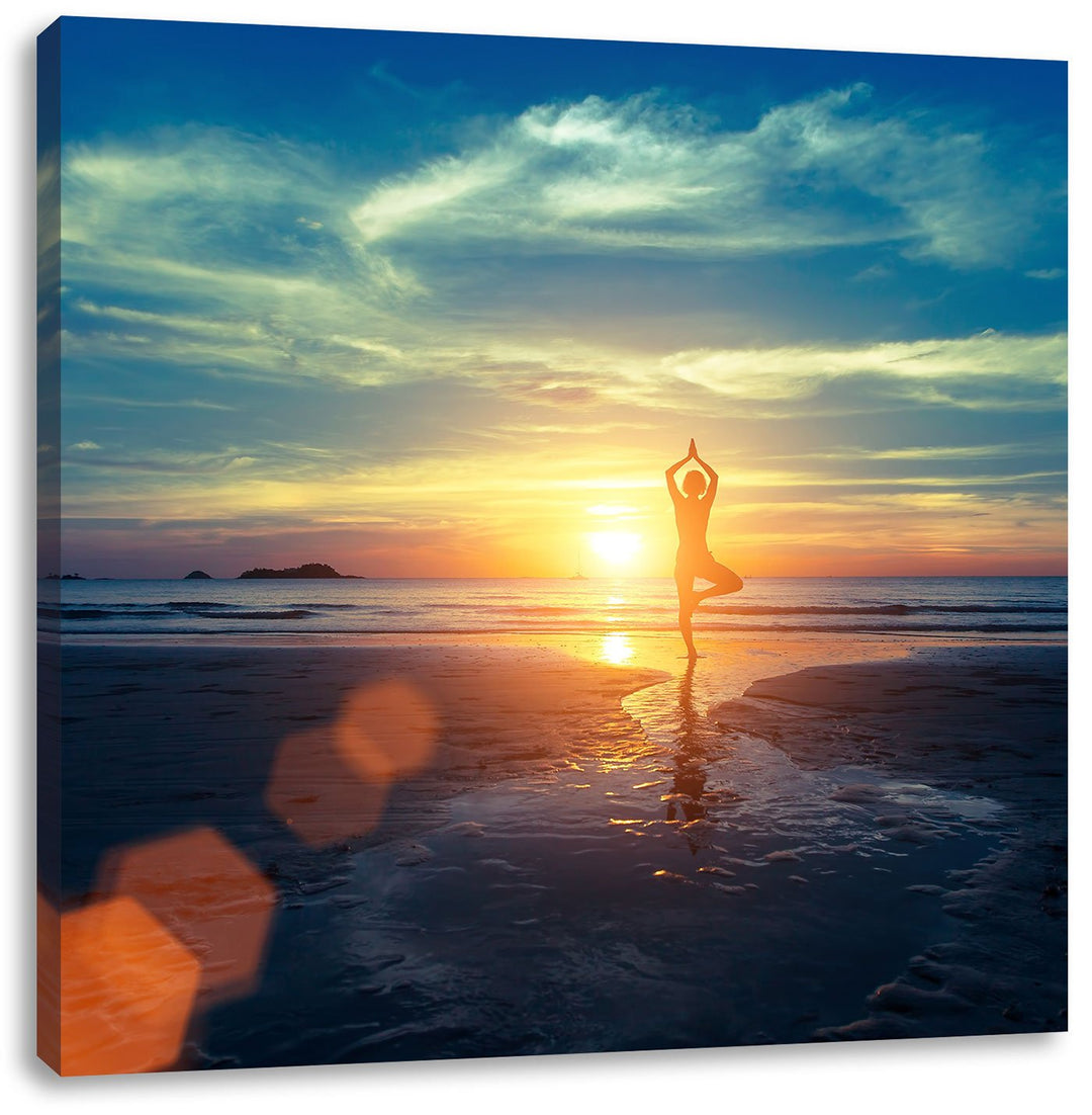 Pixxprint Yoga Silhouette am Strand als Leinwandbild/Grösse: 70x70 cm/Wandbild/Kunstdruck/fertig bes