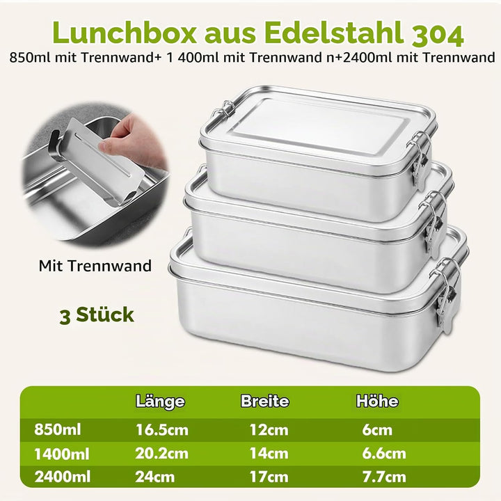 Edelstahl Brotdose, 3er Pack Lunchbox Edelstahl, Vesperdose Volumina 850ml 1400ml 2400ml, Stahl-Brot