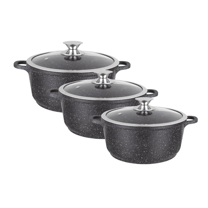 Kamberg 0008169 Kochtopf-Set, 3-teilig, 20/24/28 cm, Aluminiumguss, Beschichtung in Steinoptik, Glas