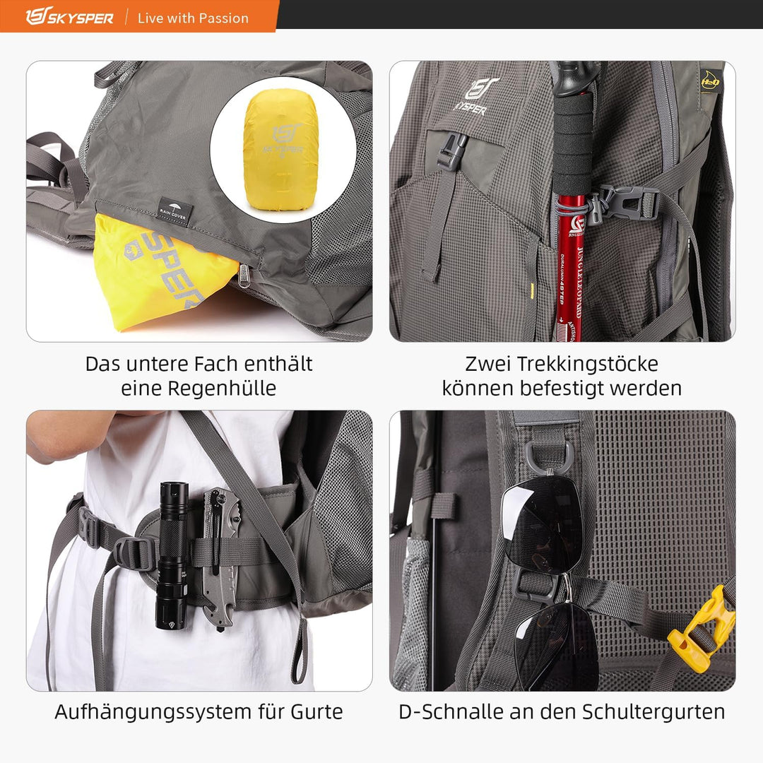 SKYSPER Wanderrucksack 30L Trekkingrucksack Wasserfest mit Rückenbelüftung und Netzrücken Tagesausfl
