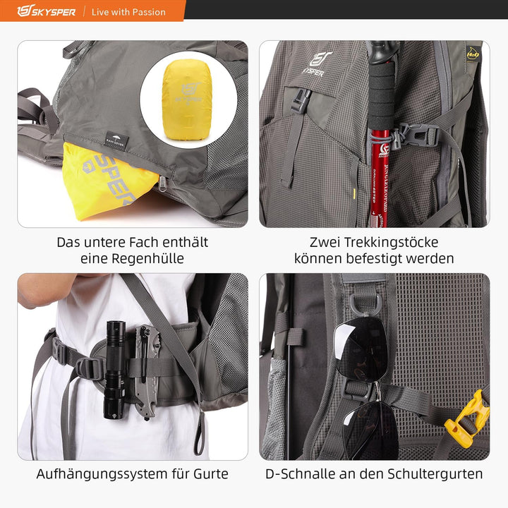 SKYSPER Wanderrucksack 30L Trekkingrucksack Wasserfest mit Rückenbelüftung und Netzrücken Tagesausfl