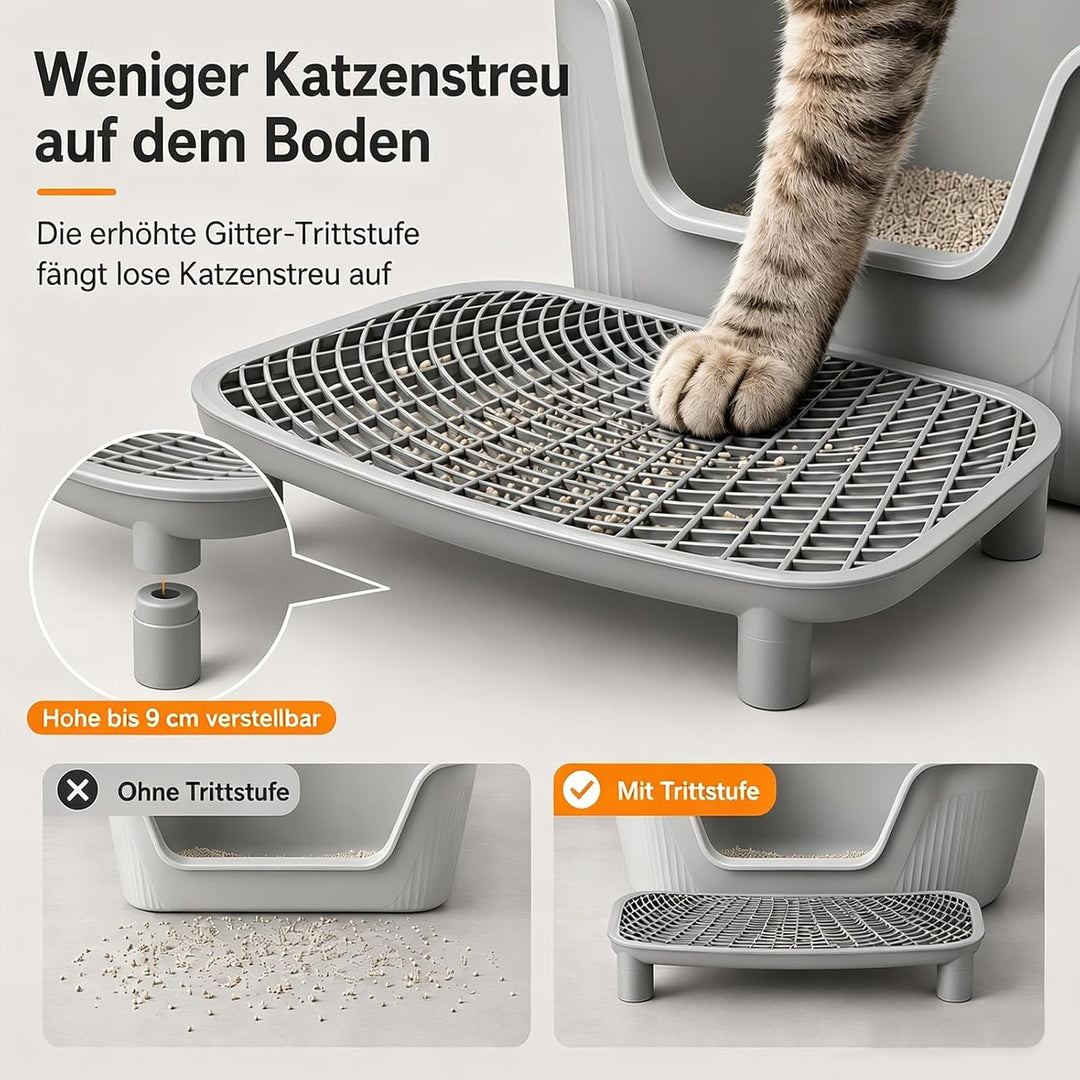 Katzenklo Mit hohem Rand, Grau Katzentoilette Offen Standard (60L) – 54x40x27 cm, Matte & Schaufel,
