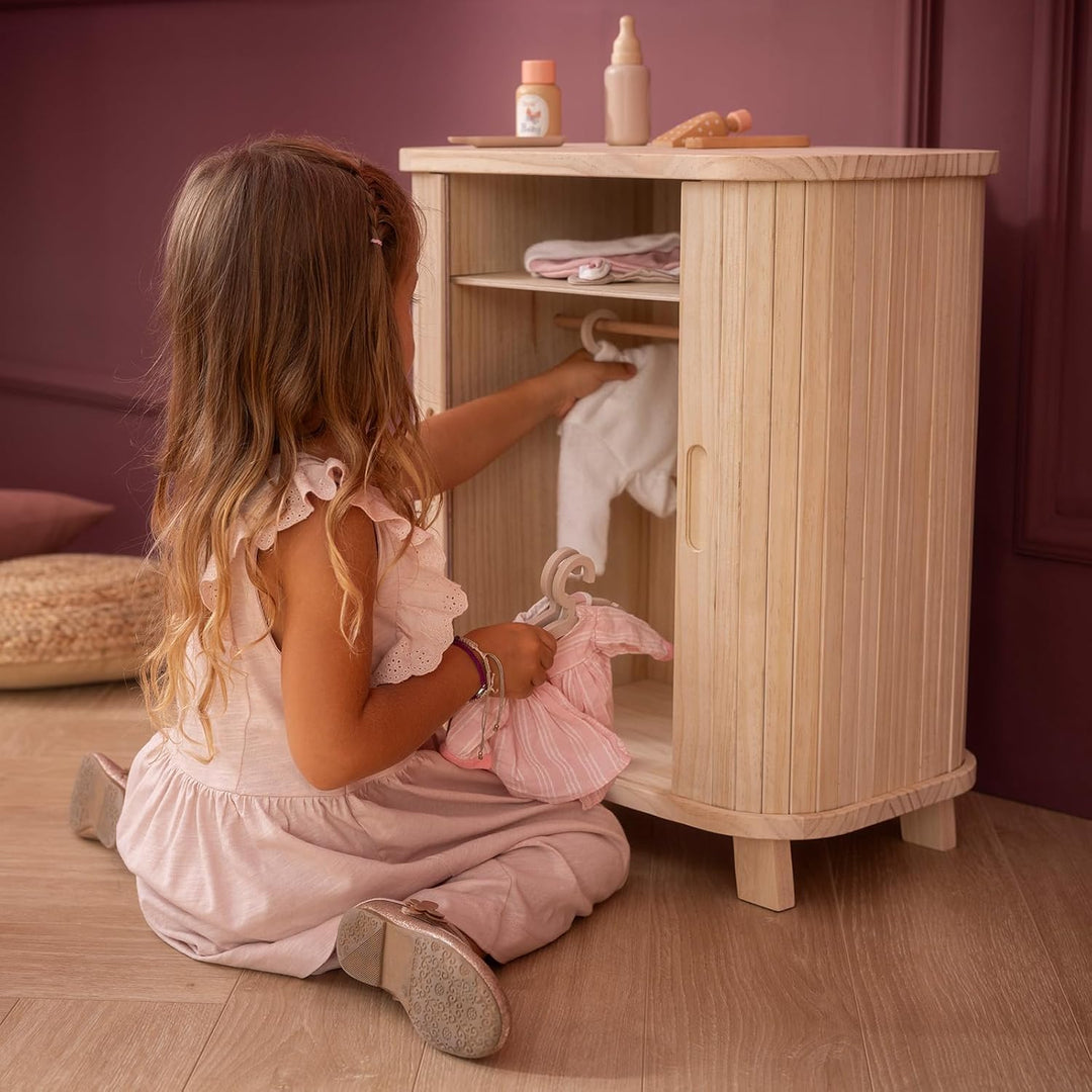 howa Puppenschrank Holz Grace - Puppenmöbel Kleiderschrank für Puppen mit Schiebetür, Kleiderstange,