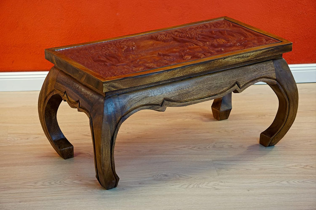 Kinaree Akazie Couchtisch Natur mit Elefanten oder Drachen Schnitzerei und Glasplatte (Elefant II, K