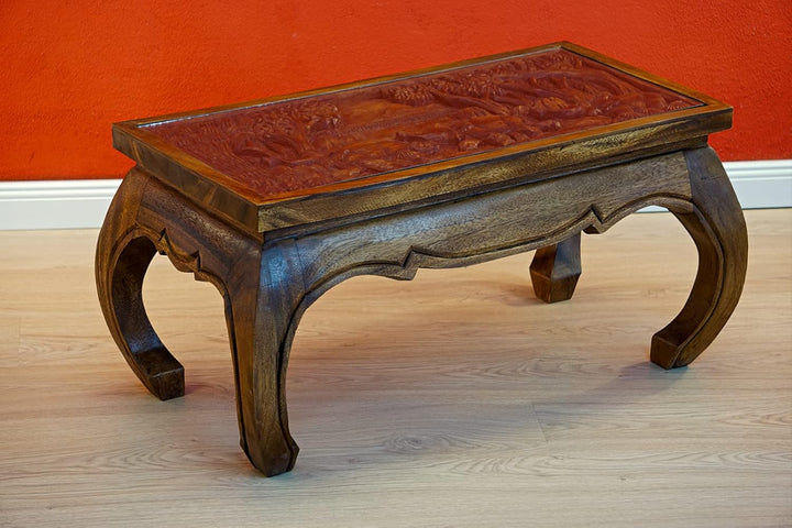 Kinaree Akazie Couchtisch Natur mit Elefanten oder Drachen Schnitzerei und Glasplatte (Elefant II, K