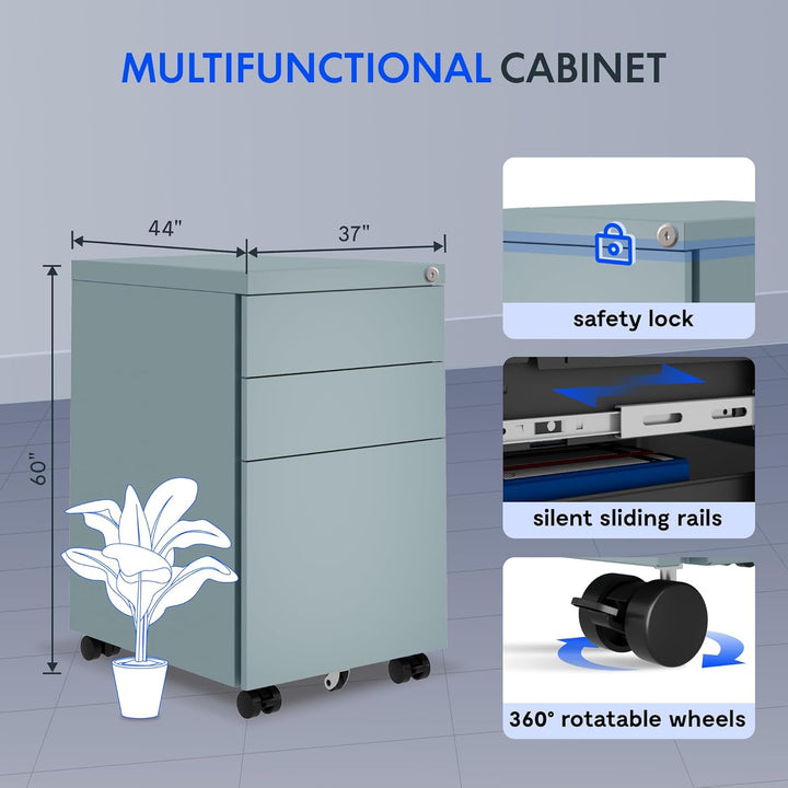 FLEXISPOT Rollcontainer Kleiner Schrank mit 3 Schubladen, mobiler Aktenschrank mit Rollen, abschlies