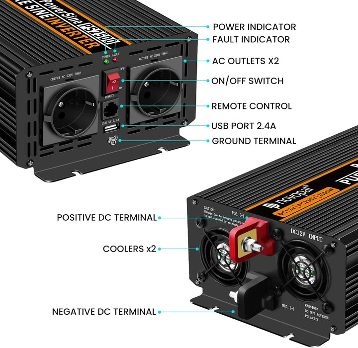 NOVOPAL 2500W KFZ Reiner Sinus Spannungswandler - Auto Wechselrichter 12V auf 230V Umwandler - Inver