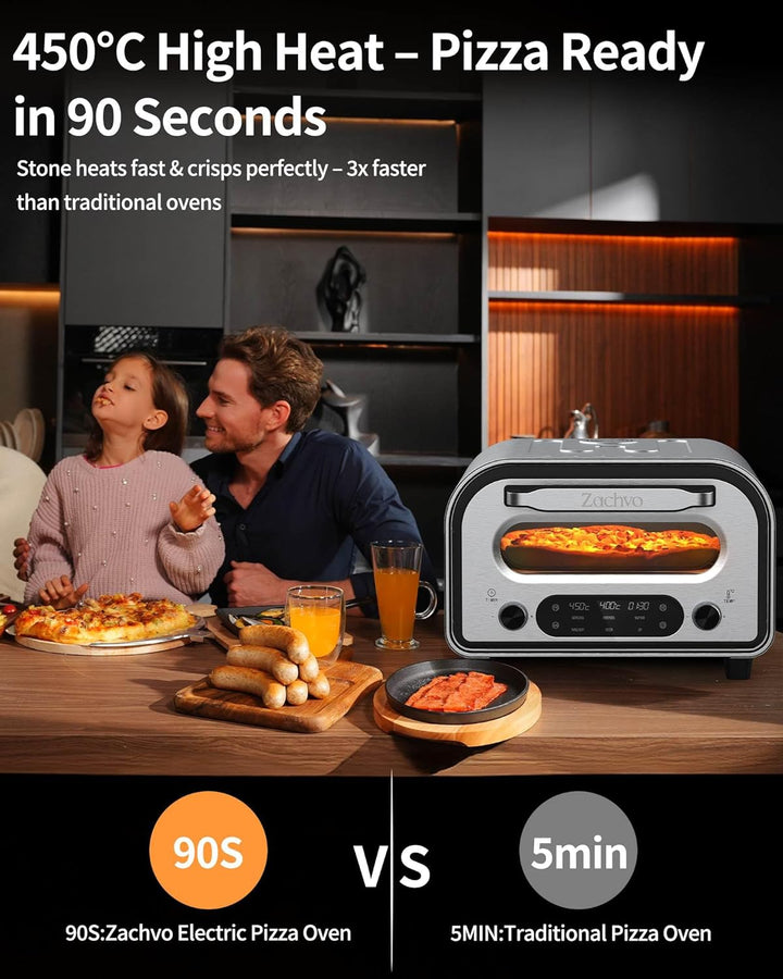ZACHVO Elektrischer Pizzaofen - bis 450℃, 5 voreingestellte Pizzaarten, 1-60 Min Timer, Touchscreen
