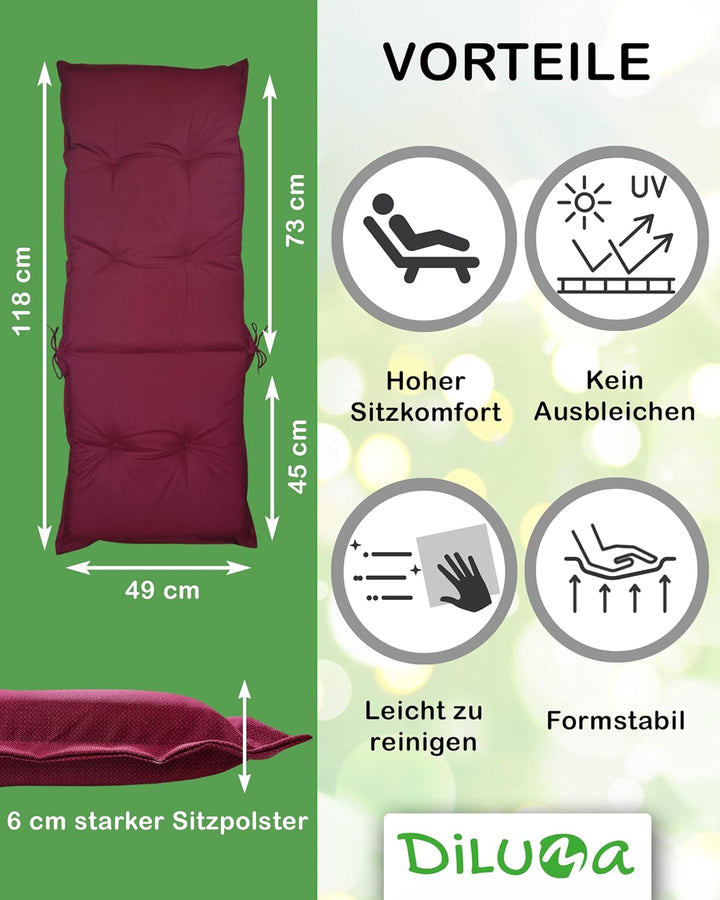 DILUMA Hochlehner Auflage Naxos für Gartenstühle 4er Set 118x49 cm Blume Schwarz - 6 cm Starke Premi