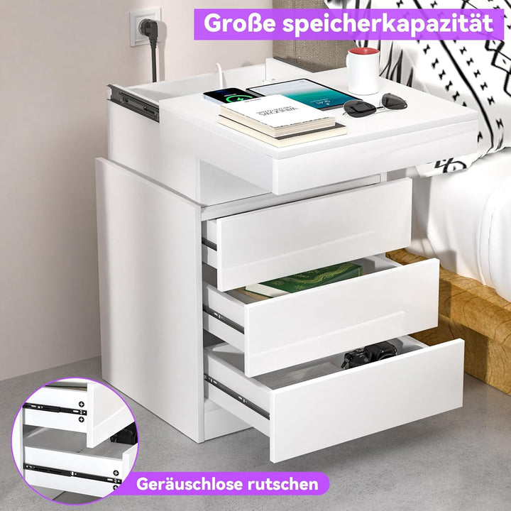 PIPIPOXER Nachttisch mit LED Licht und Steckdose,Nachttisch Weiss Hochglanz mit Schiebeschublade und