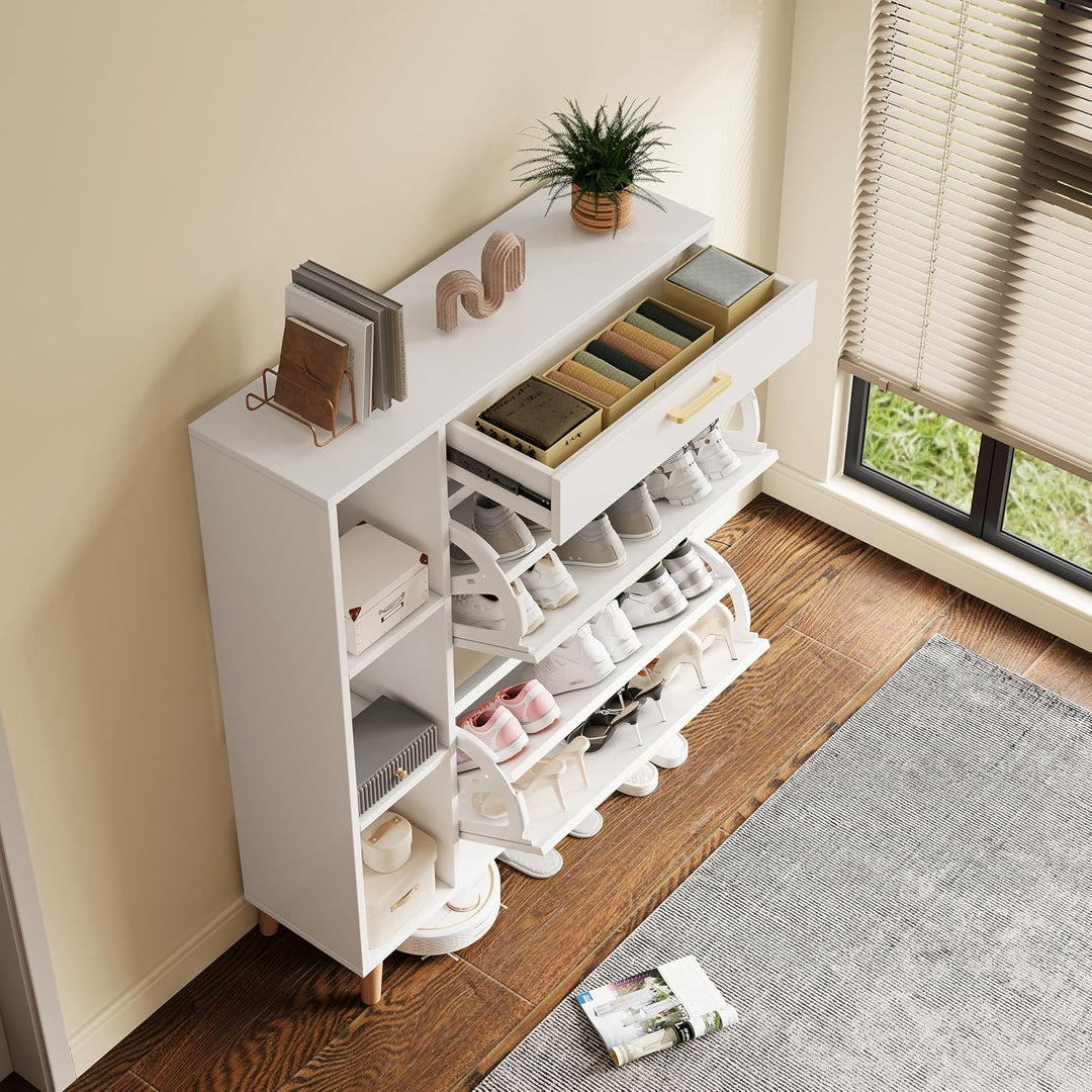 Schuhschrank mit 2 Klappen Schmal Schuhschrank mit 2 Flip-Schuhregal 1 Schublade und 3 Ablagefächer