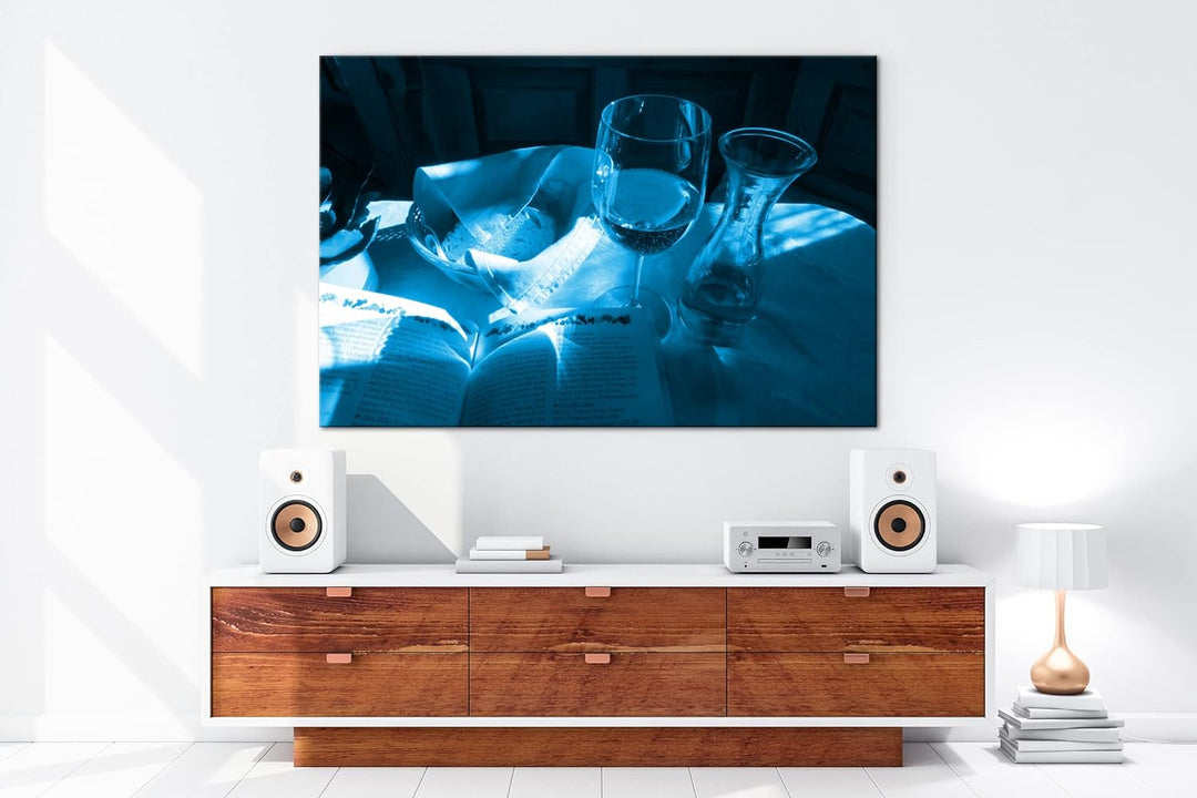 deyoli Brot und Wein Format 100x70 Effekt: Monocrome Blau als Leinwandbild, Motiv fertig gerahmt auf