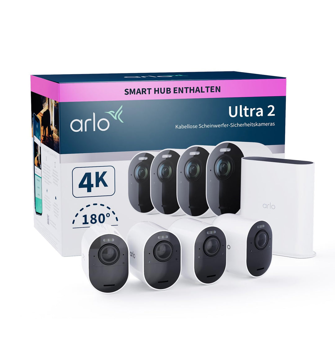 Arlo Ultra 2 4K IP Überwachungskamera Aussen, 4er Set | Qualitätsprodukt | Kabellos | Mit Licht | Fa