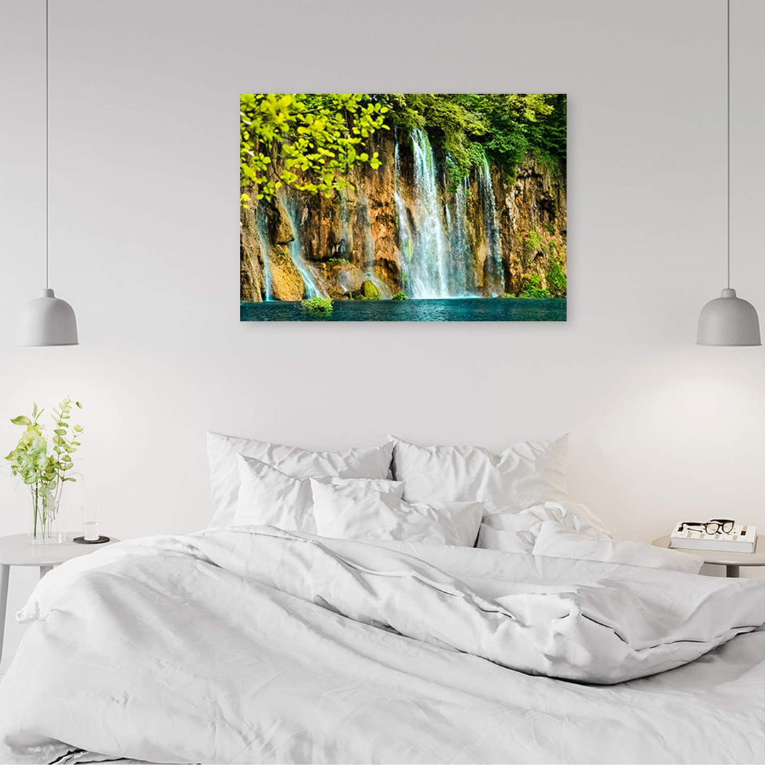 Wanddeko Natur Kunst modern Bilder Wasserfall Grün 100x70 cm