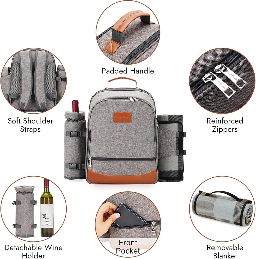 HappyPicnic Isolierter Picknickrucksack für 4 Personen mit komplettem Geschirr, geräumigem Kühlfach,