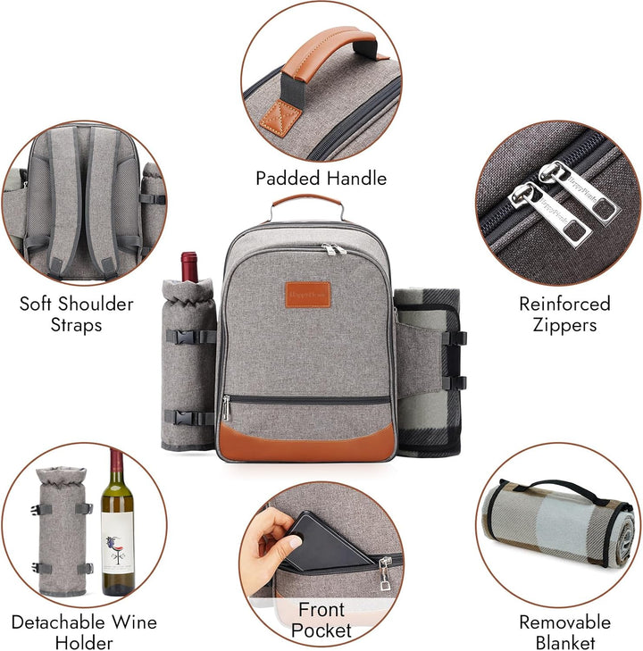 HappyPicnic Isolierter Picknickrucksack für 4 Personen mit komplettem Geschirr, geräumigem Kühlfach,