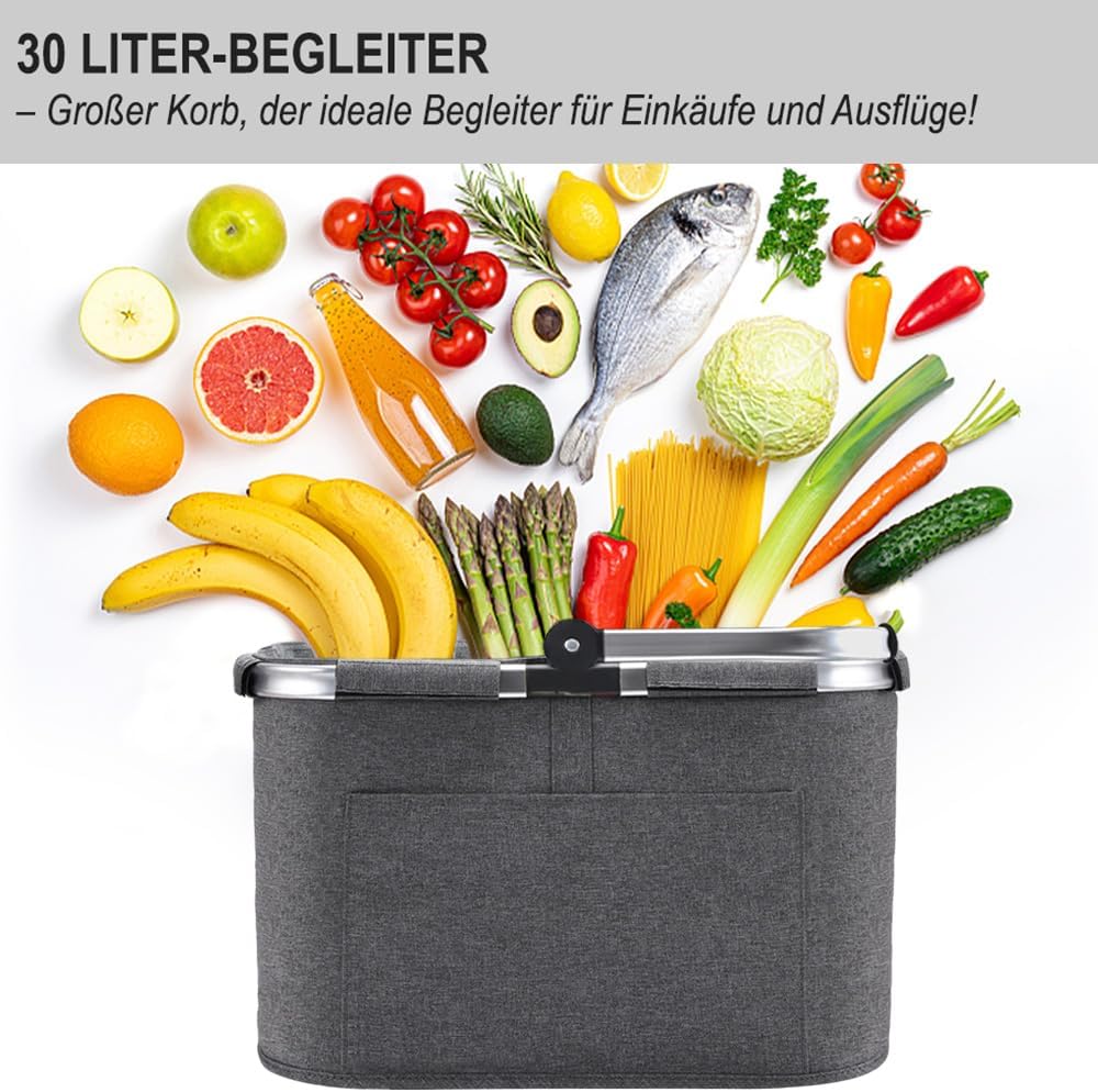 30L Einkaufskorb Faltbar Stabil Gross Tragekorb Picknickkorb Klappkorb Einkaufstasche mit Aluminiumg