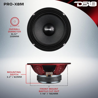 DS18 PRO-X8M Auto-Mitteltöner-Lautsprecher, 20,3 cm (8 Zoll), 550 W, 8 Ohm, Bass-Lautsprecher 20,3 c