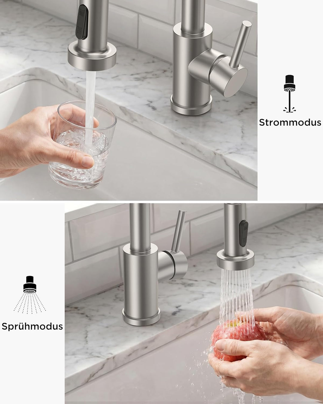 FORIOUS Wasserhahn Küche, Hoher Bogen Hochdruck Küchenarmatur mit Herunterziehen Brause Armatur, Mis