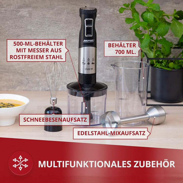 MPM MBL-34M Stabmixer Set 1500W - Pürierstab mit Behälter, 9 Geschwindigkeitsstufen, Edelstahlgehäus