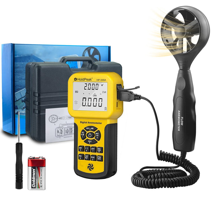 Holdpeak 826 A Anemometer, digital, Windgeschwindigkeit/Temperaturmessgerät mit Datenlogger-Funktion