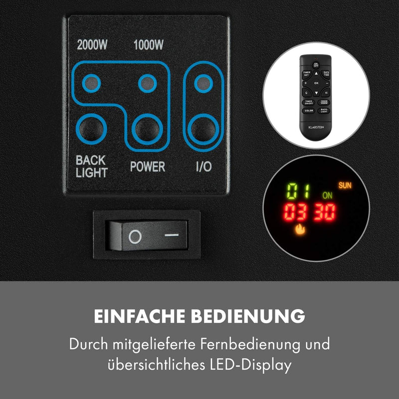Klarstein Basel Elektrokamin - Heizlüfter mit 1000 oder 2000 Watt Heizleistung, 2 Heizstufen, LED-Fl