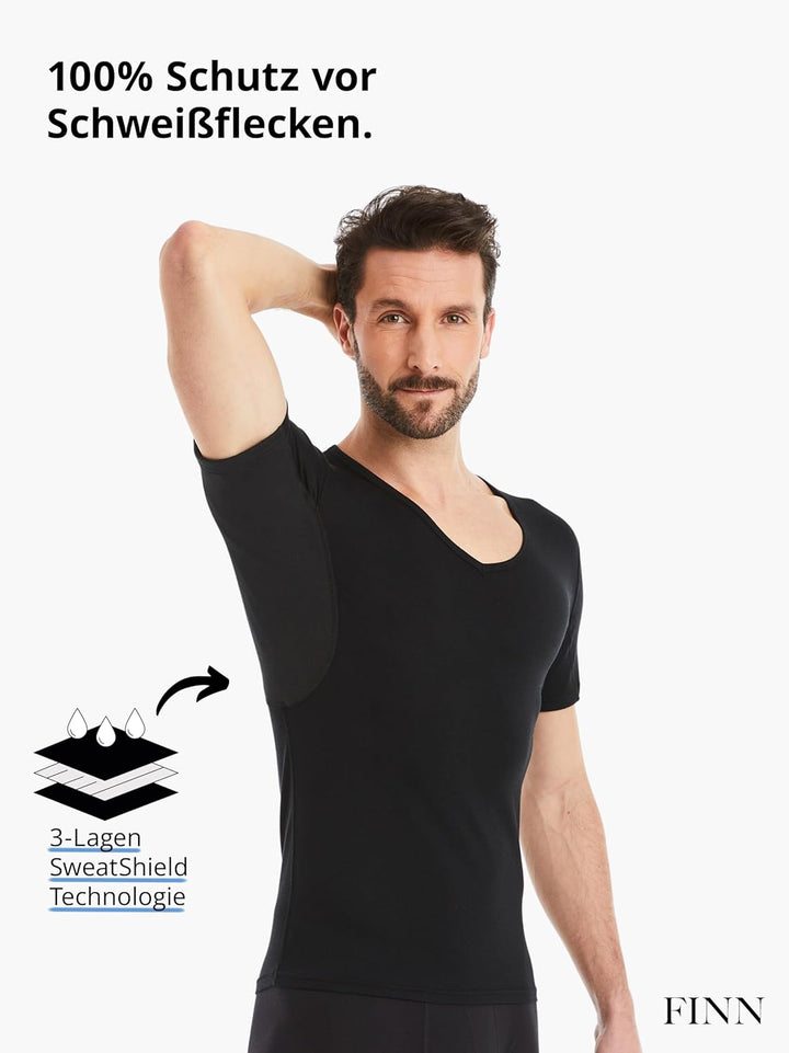 FINN Anti-Schweiss Shirt Herren mit V-Ausschnitt und integrierten Achselpads gegen Starkes Schwitzen