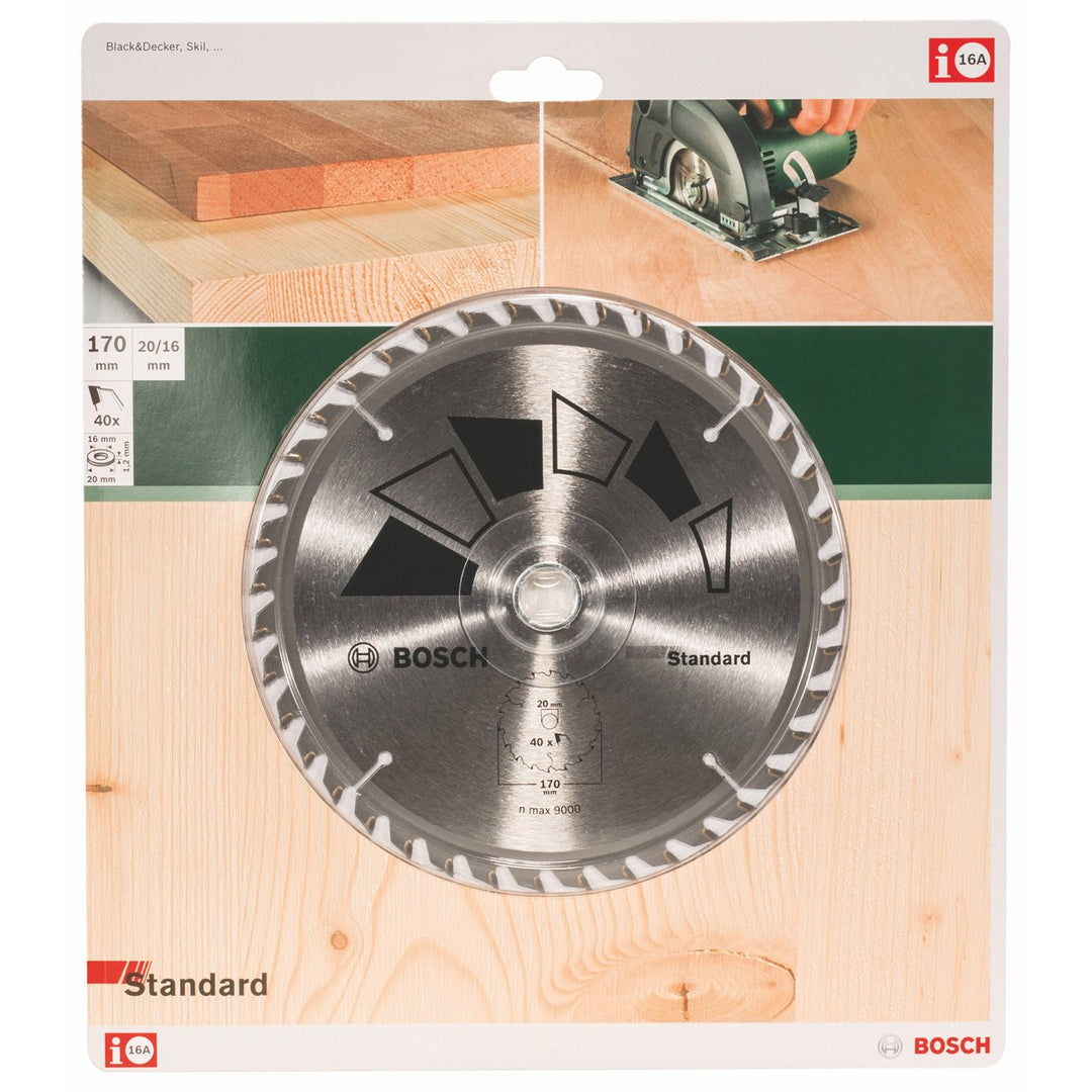 Bosch 1x Kreissägeblatt Standard (Sägeblatt für Holz, Ø 170 x 2.2/1.5 x 20/16 mm, 40 Zähne, ATB, mit