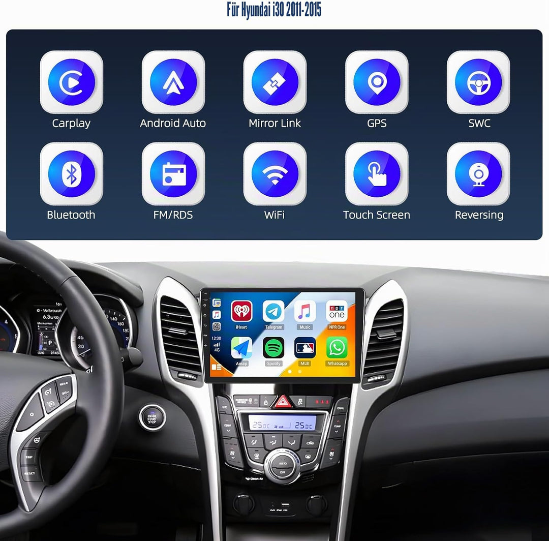 CAMECHO 2+64G 9 Zoll Navi Autoradio für Hyundai i30 2011-2015 Android 13 GPS Bluetooth Radio mit Wir