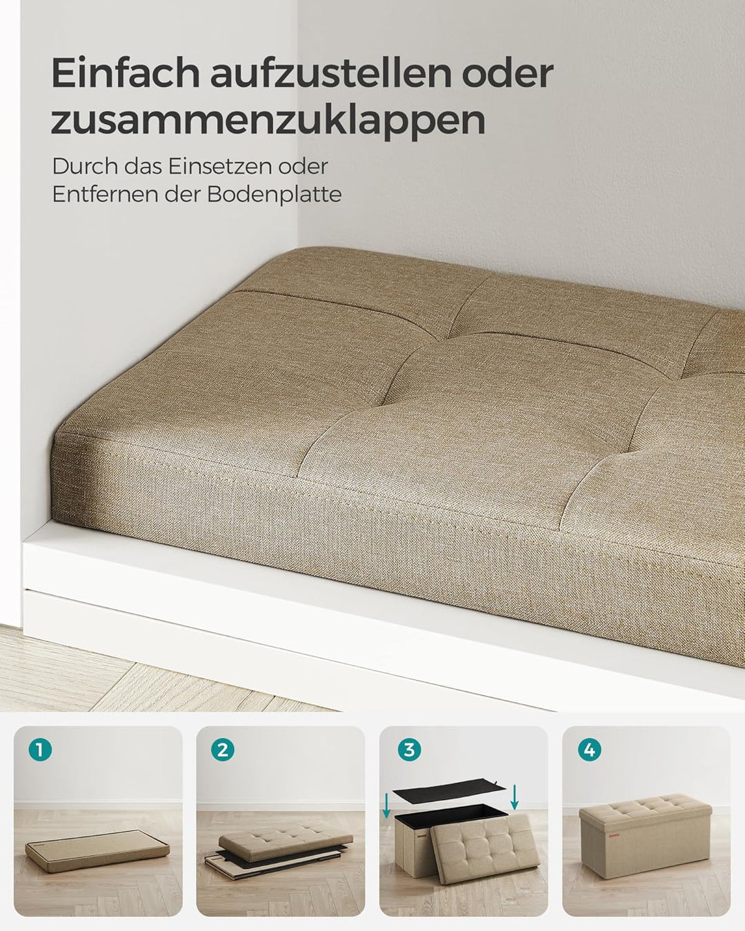SONGMICS Sitzhocker mit Stauraum, klappbare Sitzbank, 38 x 76 x 38 cm Fussbank, Aufbewahrungsbox, bi