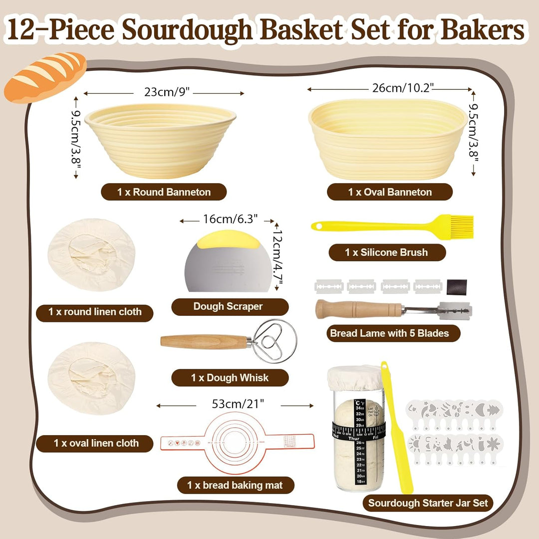 Gärkörbchen,Sauerteig Starter Set,2 Silikon Gärkörbe Rund und Oval,Brot Backen Zubehör,Gärkorb Brot
